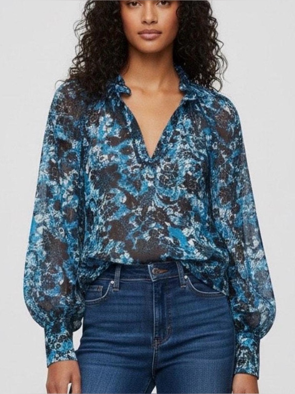 Anthropologie Sheer Printed Peasant Blue Floral Print Boho Ruffle Blouse NWT S